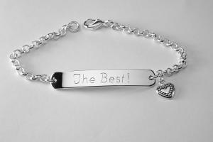 Custom Engraved Personalized Silver Plated ID Bracelet with Heart Charm  - Hand Engraved