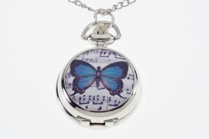 Personalized Pendant Watch Blue Butterfly with Music Design Custom Engraved Necklace Watch - Hand Engraved