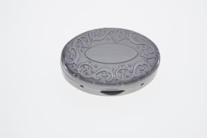 Custom Engraved Pill Box Personalized Silver Oval with Scroll Border Two Compartments and Inside Mirror -Hand Engraved