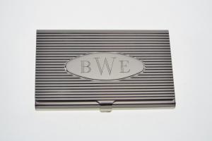 Custom Engraved Business Card Case Silver Ribbed Design with Personalized Oval Center  -Hand Engraved