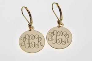 Monogram Earrings Personalized Gold Filled 3/4 Inch 18 mm Round Disc Choose Lever Back or Wires - Custom Engraved