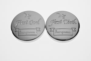 Personalized Baby Round Keepsake Boxes Custom Engraved First Curl and First Tooth - Hand Engraved