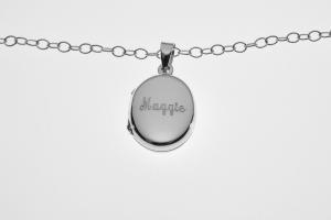 Personalized Oval Locket Custom Engraved Sterling Silver 5/8 Inch on 18 Sterling Silver Cable Chain - Hand Engraved