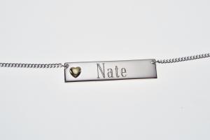 Personalized Heavy Bar Name Necklace Custom Engraved Sterling Silver with Gold Plated Heart Accent  - Hand Engraved