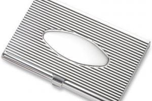 Custom Engraved Business Card Case Silver Ribbed Design with Personalized Oval Center  -Hand Engraved