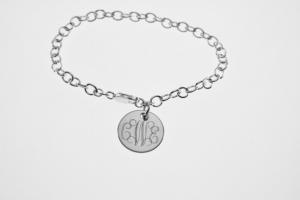 Custom Engraved Monogram or Initial Bracelet Personalized Sterling Silver Petite Round Disc 8 Inch Length - Hand Engraved