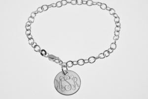 Custom Engraved Monogram or Initial Bracelet Personalized Sterling Silver Petite Round Disc 8 Inch Length - Hand Engraved