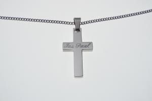 Personalized Custom Engraved Solid Stainless Steel Cross on Stainless Steel Curb Chain - Hand Engraved