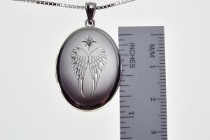 Personalized Sterling Silver Locket Custom Engraved Oval Angel Wings with Diamond Accent Memory Keeper - Hand Engraved