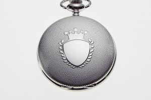 Personalized Pocket Watch Silver Crown Emblem Custom Engraved Quartz Battery Operated - Hand Engraved