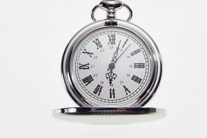 Personalized Pocket Watch Silver Crown Emblem Custom Engraved Quartz Battery Operated - Hand Engraved