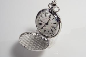 Personalized Pocket Watch Silver Crown Emblem Custom Engraved Quartz Battery Operated - Hand Engraved