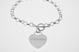 Personalized Bracelet Custom Engraved Sterling Silver Heart Charm Bracelet - Hand Engraved