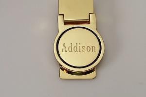 Custom Engraved Goldtone Money Clip Personalized Monogram Round Hinged -Hand Engraved