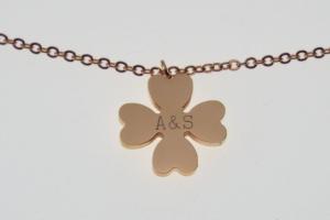 Personalized Four Leaf Clover Necklace Rose Gold Over Stainless Steel Custom Engraved  - Hand Engraved