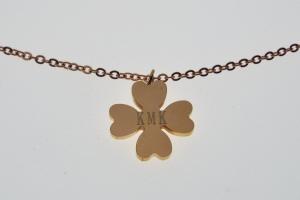 Personalized Four Leaf Clover Necklace Rose Gold Over Stainless Steel Custom Engraved - Hand Engraved