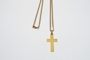 Personalized Custom Engraved Gold Plated Stainless Steel Cross Bead Chain or Curb Style Chain - Hand Engraved