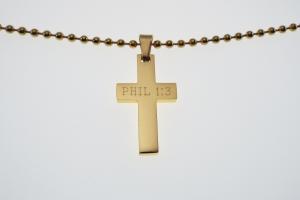 Personalized Custom Engraved Gold Plated Stainless Steel Cross Bead Chain or Curb Style Chain - Hand Engraved