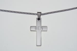 Personalized Custom Engraved Solid Stainless Steel Cross on Stainless Steel Curb Chain - Hand Engraved