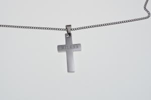 Personalized Custom Engraved Solid Stainless Steel Cross on Stainless Steel Curb Chain - Hand Engraved