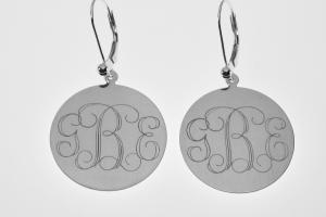 Engraved Monogram Earrings Personalized Sterling Silver One Inch Round Lever Back - Hand Engraved
