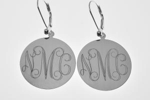 Engraved Monogram Earrings Personalized Sterling Silver One Inch Round Lever Back - Hand Engraved