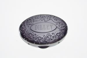 Custom Engraved Pill Box Personalized Silver Oval with Scroll Border Two Compartments and Inside Mirror -Hand Engraved