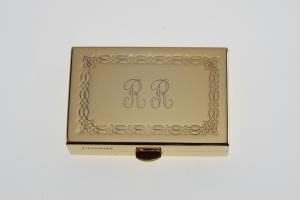 Custom Engraved Personalized Pill Box Small Rectangular Gold Tone With Double Compartment and Mirror -Hand Engraved