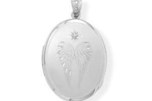 Personalized Sterling Silver Locket Custom Engraved Oval Angel Wings with Diamond Accent Memory Keeper - Hand Engraved