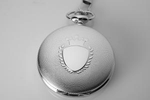 Personalized Pocket Watch Silver Crown Emblem Custom Engraved Quartz Battery Operated - Hand Engraved