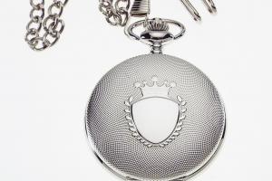 Personalized Pocket Watch Silver Crown Emblem Custom Engraved Quartz Battery Operated - Hand Engraved