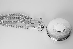 Personalized Pocket Watch Silver Crown Emblem Custom Engraved Quartz Battery Operated - Hand Engraved