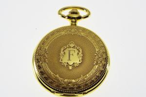 Pocket Watch Custom Engraved Gold Tone Mechanical Wind Up Pocket Watch with Front Shield and Skeleton Back - Hand Engraved