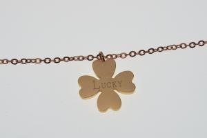 Personalized Four Leaf Clover Necklace Rose Gold Over Stainless Steel Custom Engraved  - Hand Engraved