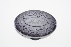 Custom Engraved Pill Box Personalized Silver Oval with Scroll Border Two Compartments and Inside Mirror -Hand Engraved