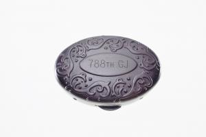 Custom Engraved Pill Box Personalized Silver Oval with Scroll Border Two Compartments and Inside Mirror -Hand Engraved