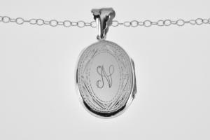 Personalized Locket Sterling Silver Custom Engraved Oval Locket 1 Inch with Border - Hand Engraved