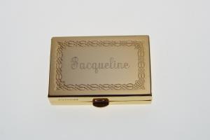 Custom Engraved Personalized Pill Box Small Rectangular Gold Tone With Double Compartment and Mirror -Hand Engraved