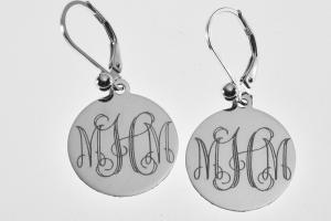 Engraved Monogram Earrings Personalized Sterling Silver 11/16 Inch Disc Choose Lever Back or Wires - Hand Engraved