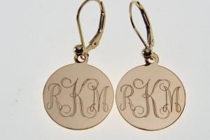 Monogram Earrings Personalized Gold Filled 3/4 Inch 18 mm Round Disc Choose Lever Back or Wires - Custom Engraved