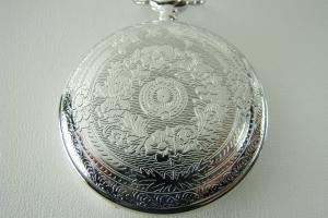 Pocket Watch Custom Engraved Personalized Quartz Watch with Vertical Stripes and Oval Crest - Hand Engraved