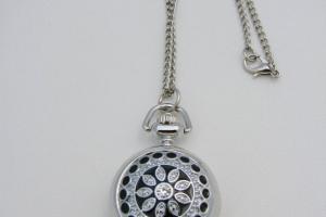 Personalized Pendant Watch Custom Engraved Necklace Watch Black Enamel and Crystals  - Hand Engraved