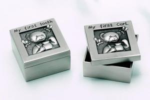 Baby Gift Custom Engraved Personalized Pewter Finish First Tooth and First Curl Keepsake Boxes  -  Hand Engraved