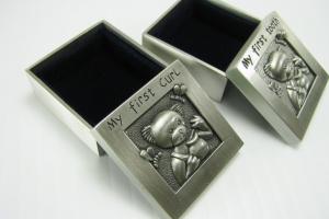 Baby Gift Custom Engraved Personalized Pewter Finish First Tooth and First Curl Keepsake Boxes  -  Hand Engraved