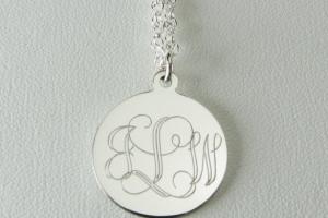 Monogram Jewelry Personalized Custom Engraved Sterling Silver 1 Inch Round Monogram Necklace - Hand Engraved