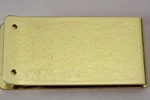 Custom Engraved Money Clip Personalized Gold Tone with Scroll Design -Hand Engraved