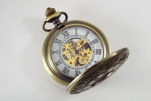 Pocket Watch Custom Engraved Bronze Finish Roman Numeral Cover Personalized Mechanical Double Dust Cover Wind Up - Hand Engraved