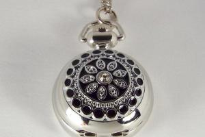 Personalized Pendant Watch Custom Engraved Necklace Watch Black Enamel and Crystals - Hand Engraved