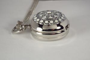 Personalized Pendant Watch Custom Engraved Necklace Watch White Enamel and Crystals - Hand Engraved