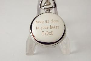 Personalized Pendant Watch Custom Engraved Necklace Watch White Enamel and Crystals - Hand Engraved